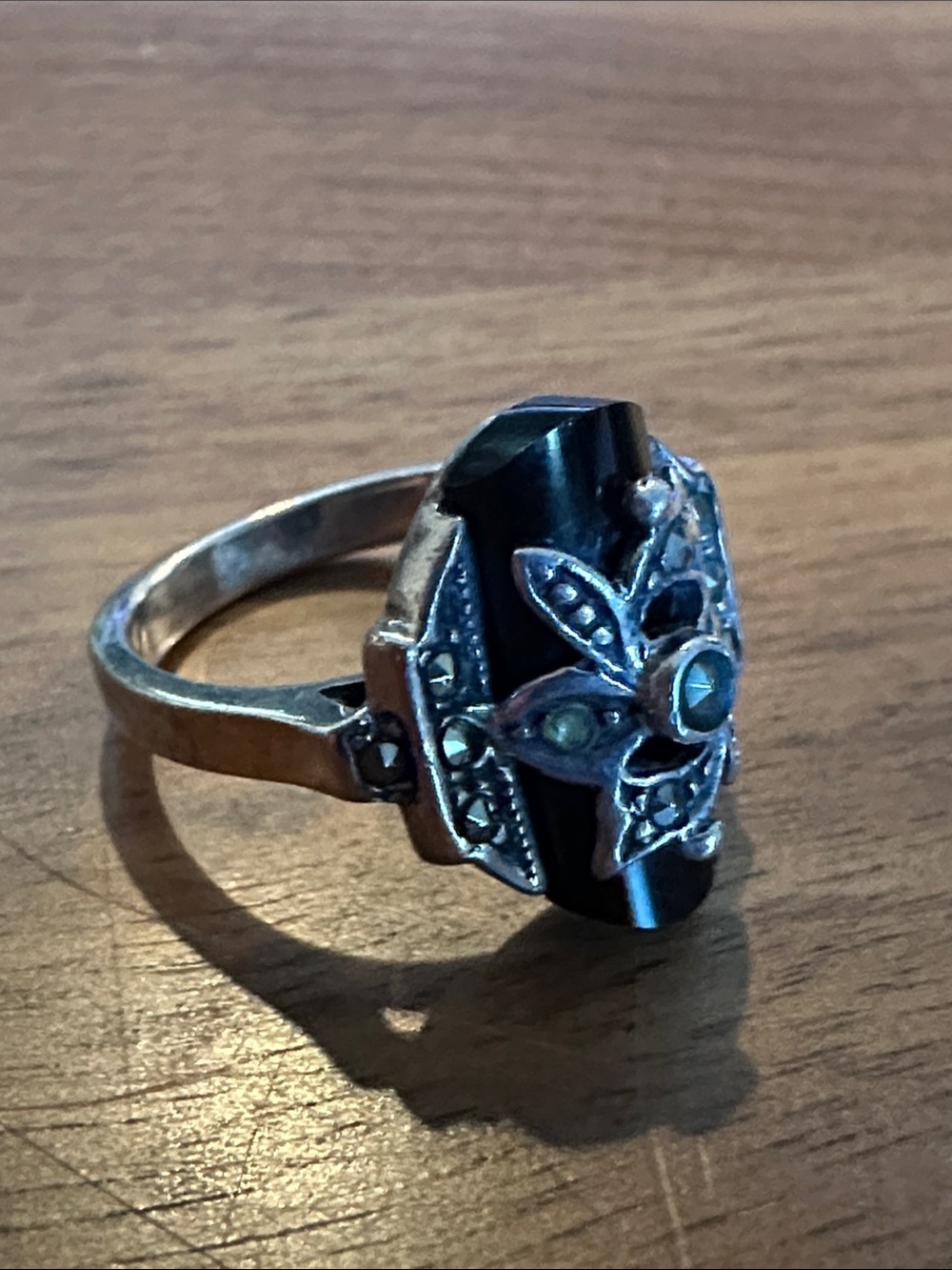 Vintage Black Onyx Floral 925 Sterling Silver Ring